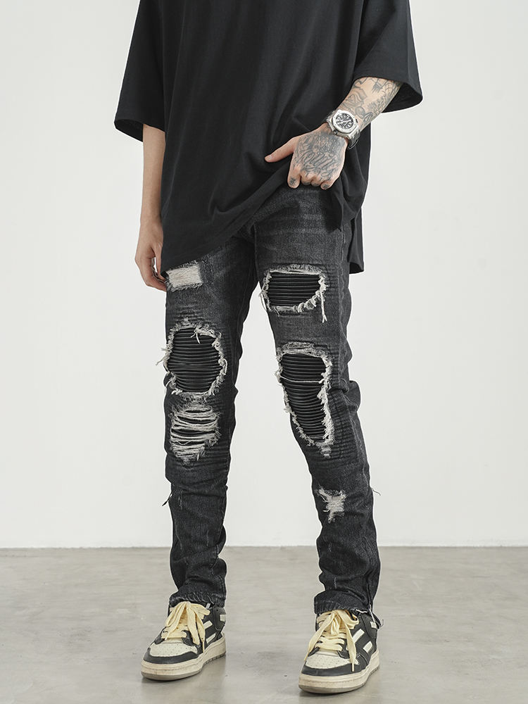 Men Ripped Patch PU And Leather Zipper Jeans