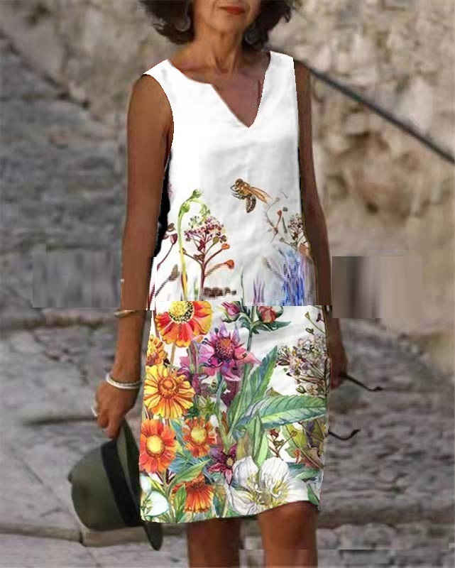 Title 5, New Summer Sleeveless Vest V-neck Printed Dress