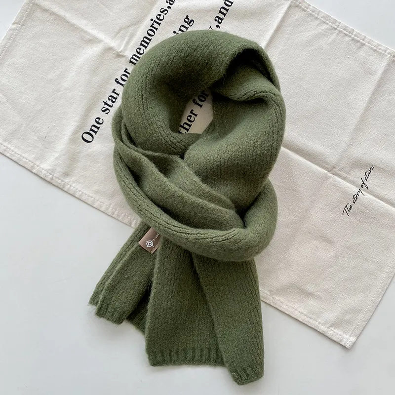 Warm Wool Scarf Women's Korean Style Sweet Version Solid Scarf Autumn And Winter - Army Green
