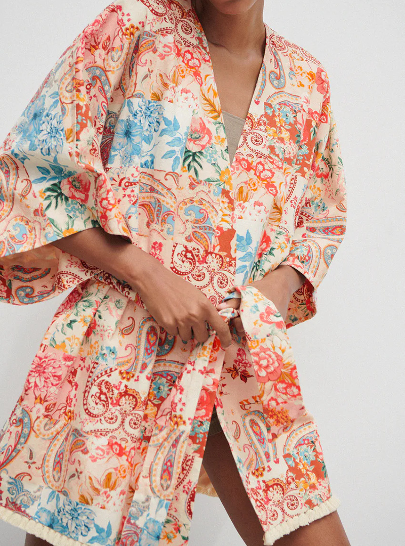 Printed V-neck Waist Slimming Kimono Coat