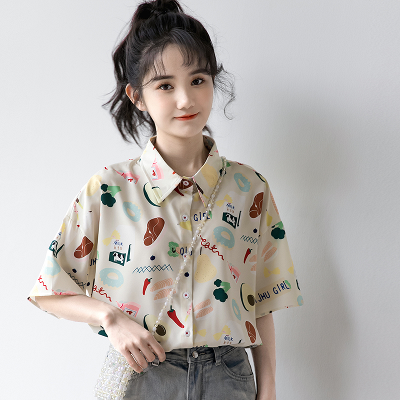 Title 2, Retro Print Girl Short Sleeve Shirt Loose All-m...