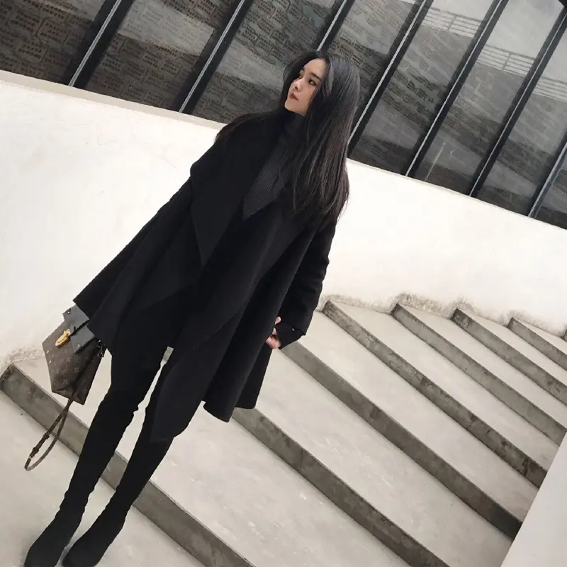 Black Medium Long Irregular Loose Cloak Woolen
