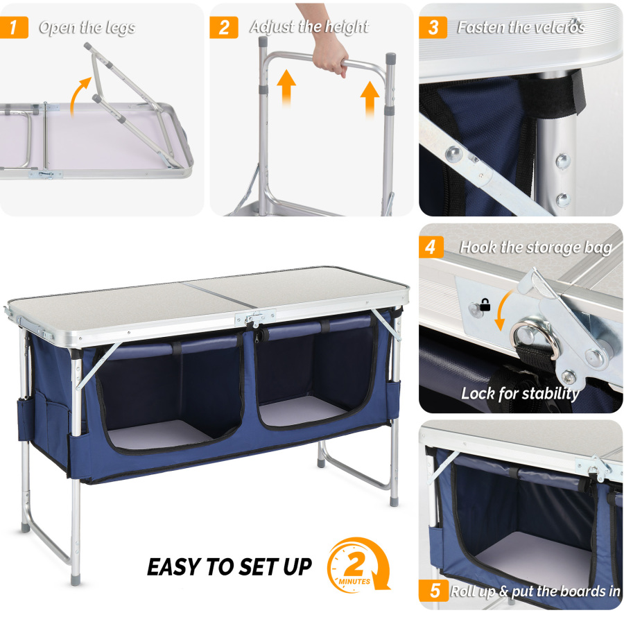 4ft Aluminum Folding Camping Table With 2 Large Storage Compartments, Portable Outdoor Picnic BBQ Buffet Serving Table