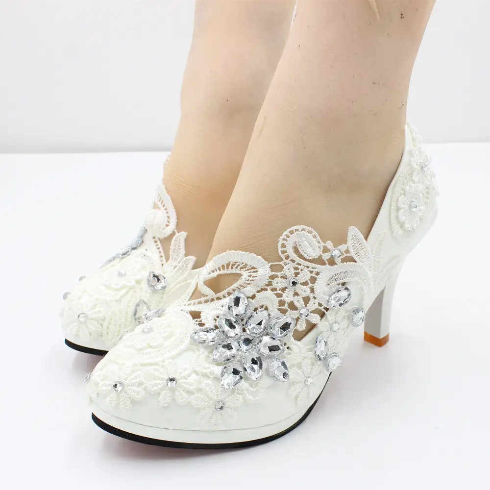 White Wedding Shoes High Heel Round Head Lace Rhinestones