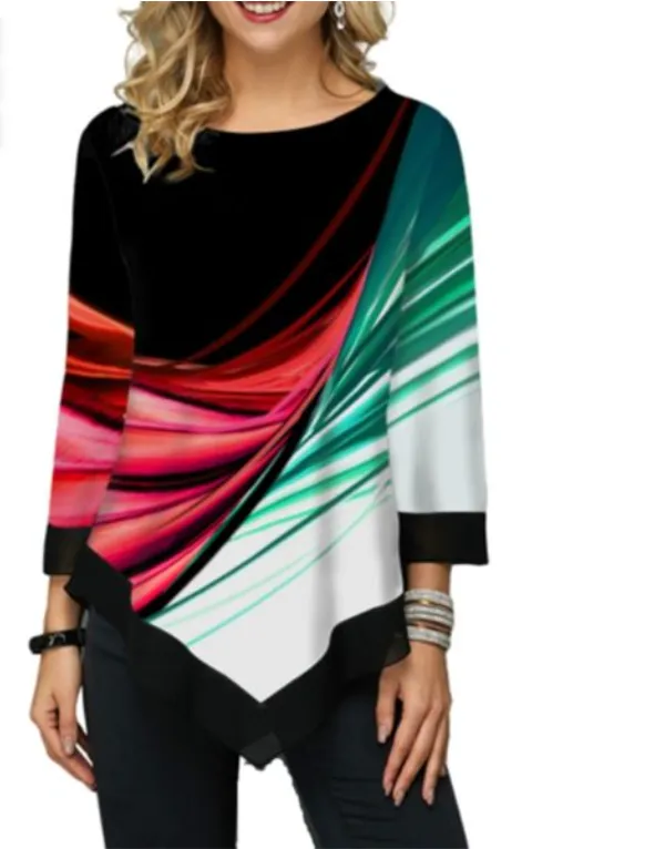 Round Neck Loose Blouse With Irregular Print Hem G - Shop at LoveMi