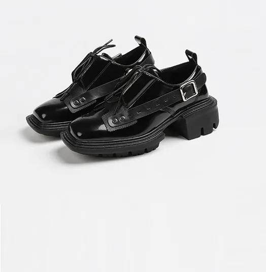 Thick Heel Heightened Thick Sole Lace Up Derby Shoes For Women - Black