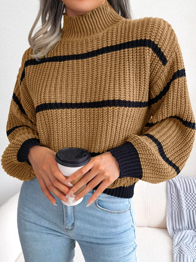 Women Casual Striped Lantern Sleeve Half Turtleneck Knit Sweater Khaki - Shop at LoveMi