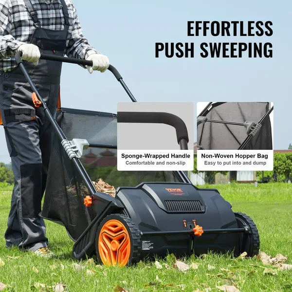 Push Lawn Sweeper, 21inch Leaf & Grass Collector, Strong Plastic Wheels & Heavy Duty Thickened Steel Durable To Use With Large Capacity 3.5 Cu. Ft. Mesh Collection Hopper Bag, 2 Spinning Brushes