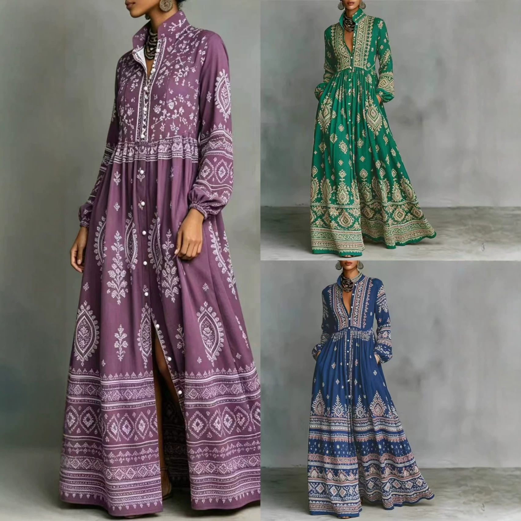 Women Boho Floral Print Maxi Dress, Stand Collar Long Puff Sleeve Button Front Split Flowy Long Dress With Pockets, Vintage Ethnic Vacation Beach Long Dress product image