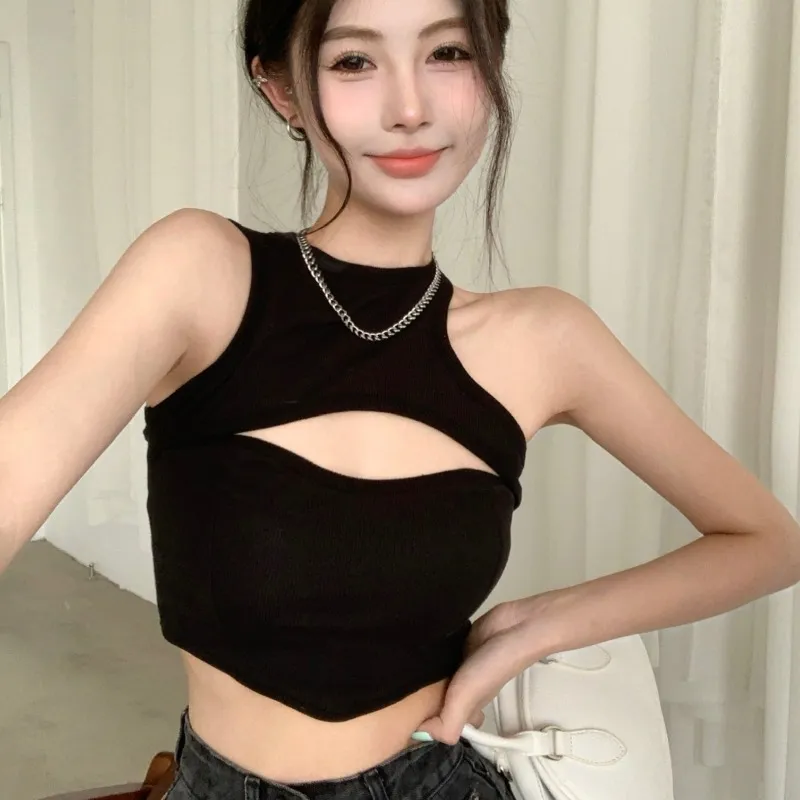 Tight Fake Two-piece Vest With Chest Pad Top Round Neck Women - Black