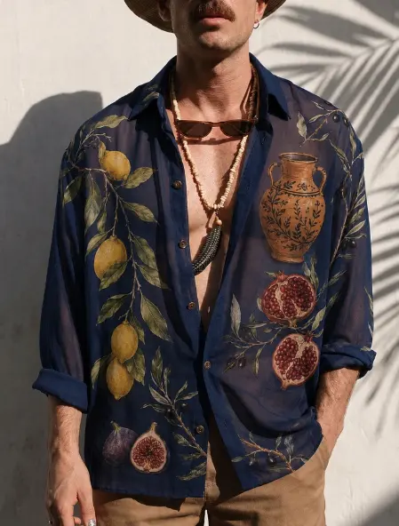 Mediterranean Lemon & Pomegranate Print Sheer Oversized