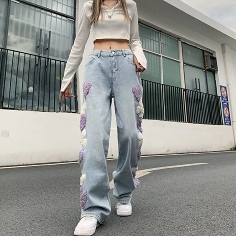 Women's Fashion Personality Love Embroidery Jeans - Blue