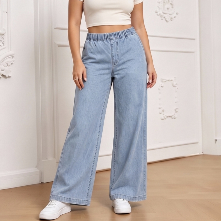 Plus Size Jeans Women Elastic Waist Light Blue Straight Leg Relaxed Denim Pants US Ready Stock
