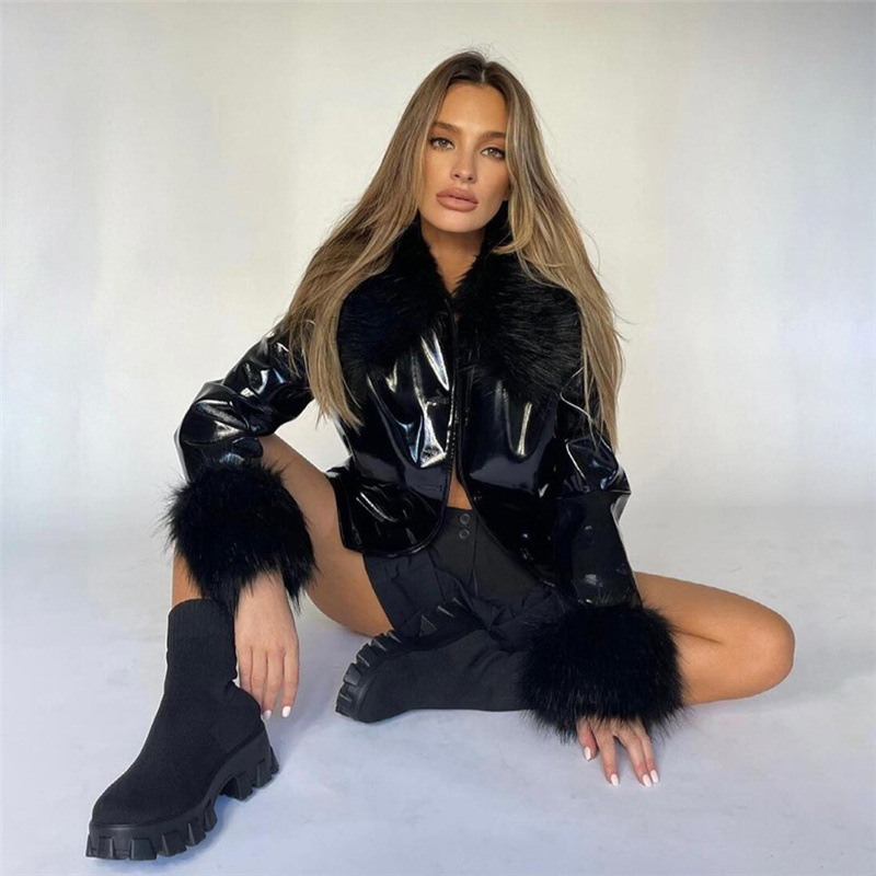 Women's Long sleeved Fur Collar Single breasted Slim Warm Leather Jacket Black - Shop at LoveMi