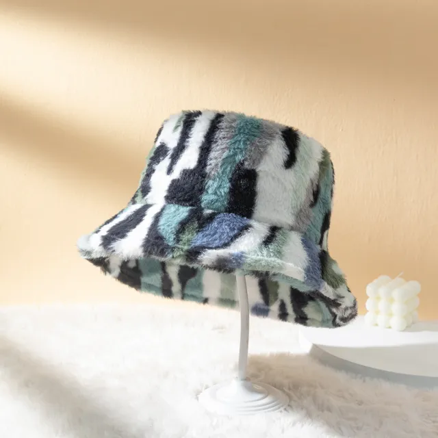 Plush Gradient Zebra Pattern Fashionable And Versatile Retro Trend Warm Basin Hat Black And White Cyan - Shop at LoveMi