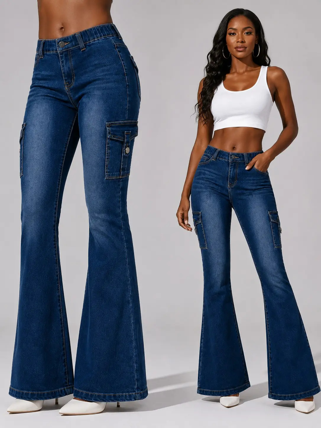 Women's High-quality Stretch Vintage Washed Cargo Flare
