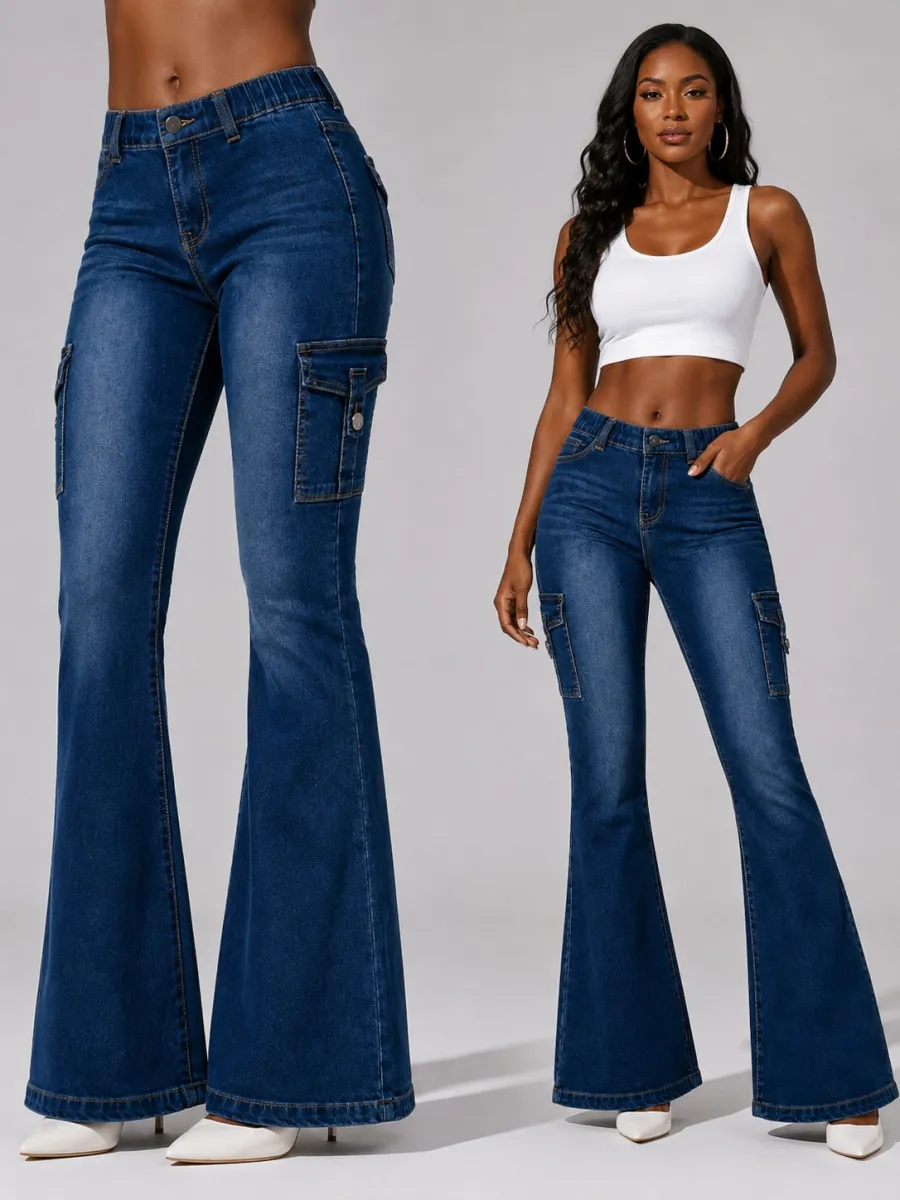 Women's High-quality Stretch Vintage Washed Cargo Flare