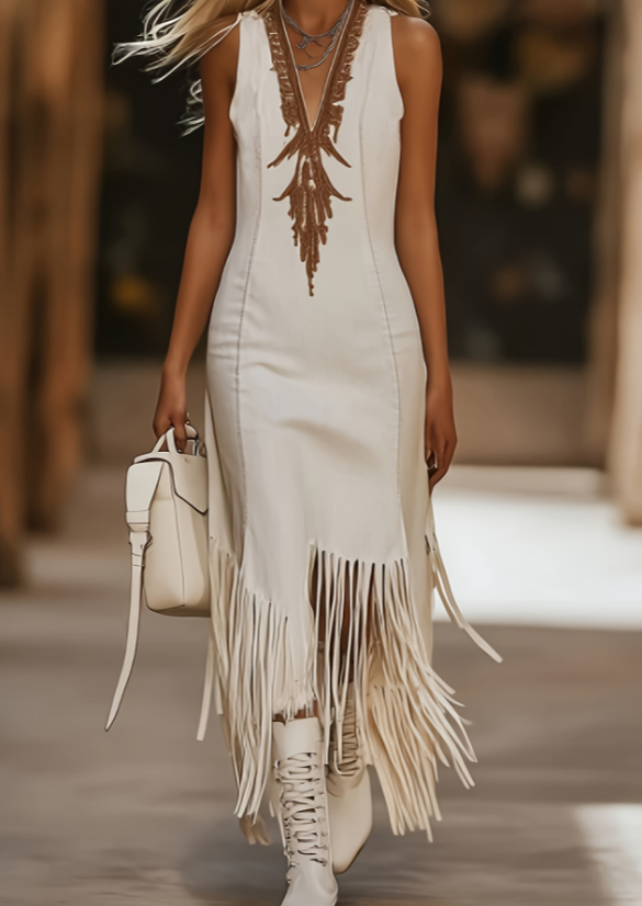 Casual V-neck Sleeveless Fitted Dress With Tassel Embellishments