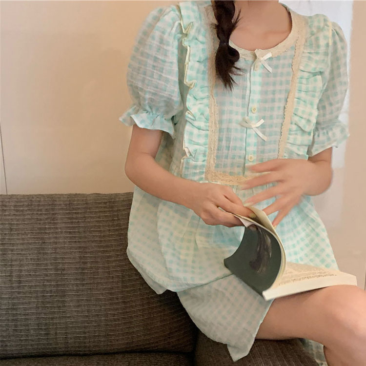 Title 1, Womens Fashionable Cotton Gauze Plaid Ruffle S...