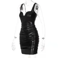 Women's Fashion Diamond V-Neck Pleated Slim Sling Dress - Black - View 1