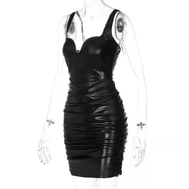 Women's Fashion Diamond V Neck Pleated Slim Sling Dress Black - Shop at LoveMi