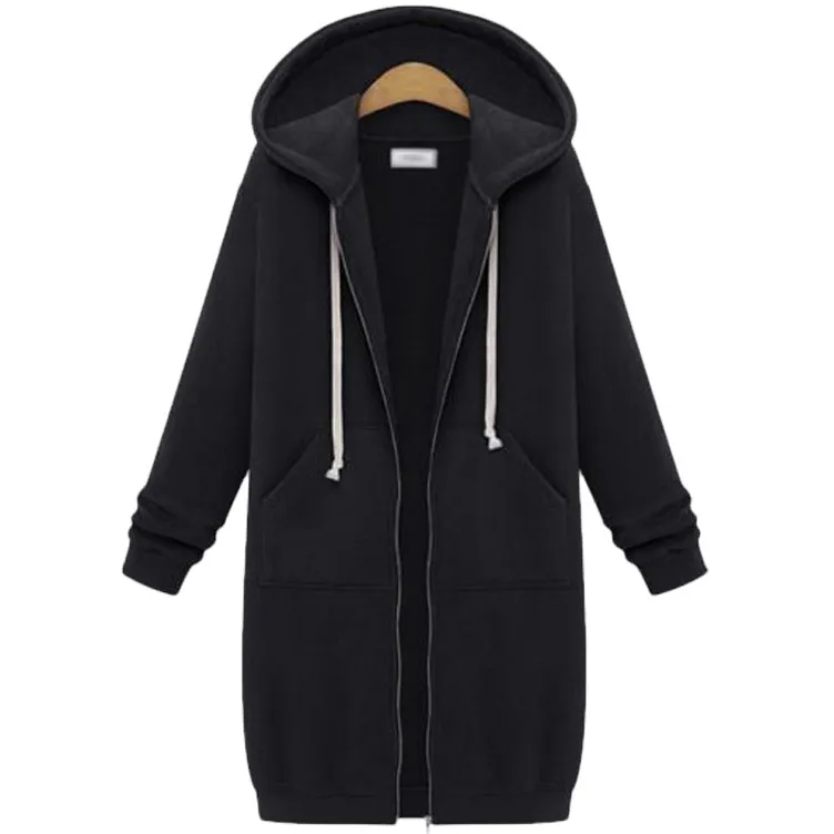Hooded Long Sleeve Sweater Fleece Long Jacket - Black