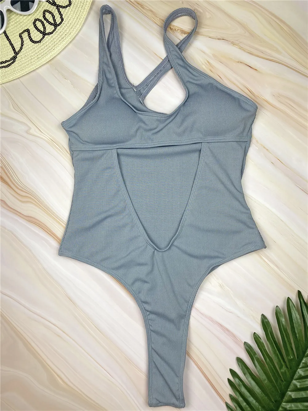 Knitted Ladies Dress Sexy One-Shoulder Swimsuit - Grey
