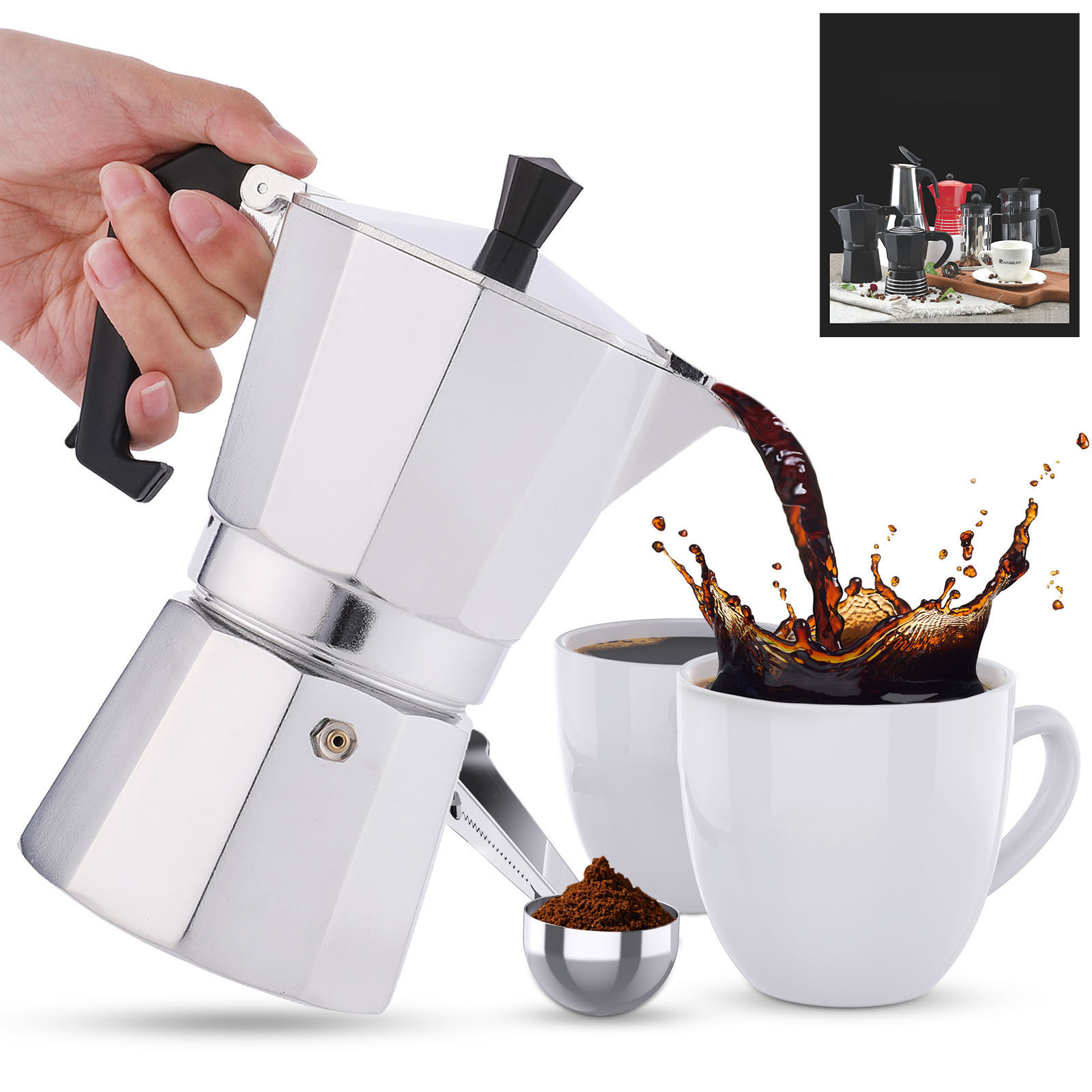 RAINBEAN Stovetop Espresso Maker 180ml, Silver. Make Great Drinking Experience RAINBEAN Espresso Maker stands out from alternatives like: Instant, Capsule or Drip coffee,durable cast aluminum body with pressure valve for higher caffeine extraction and fla