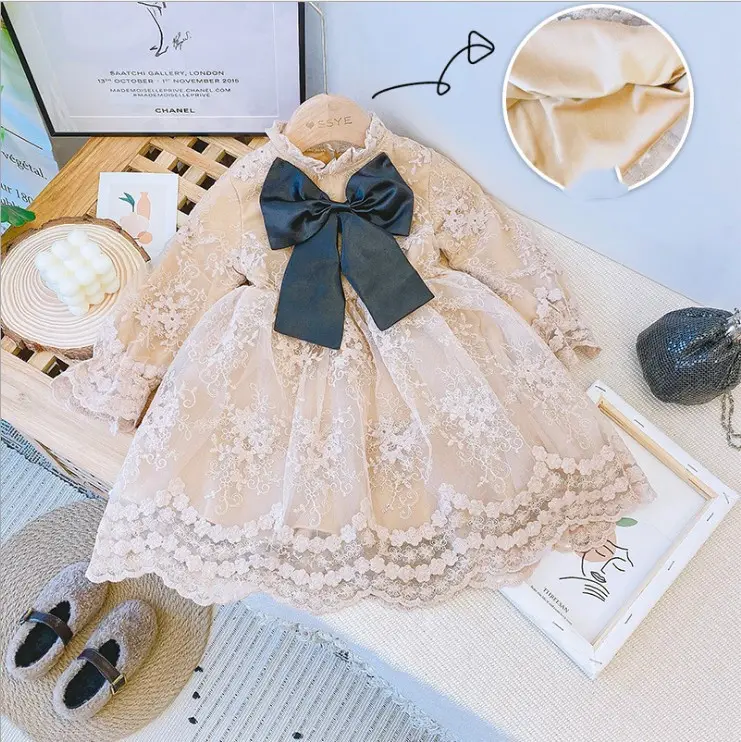 Children's New Lace Bowknot Plus Velvet Long Sleeve Dress