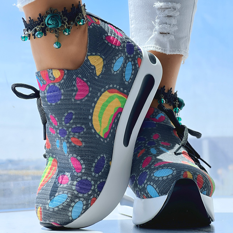 Women's Random Print Side Lace-Up Elastic Sport Shoes, Comfortable Slip-On Sneakers For Women, Casual Daily Wear Footwear — foto 19
