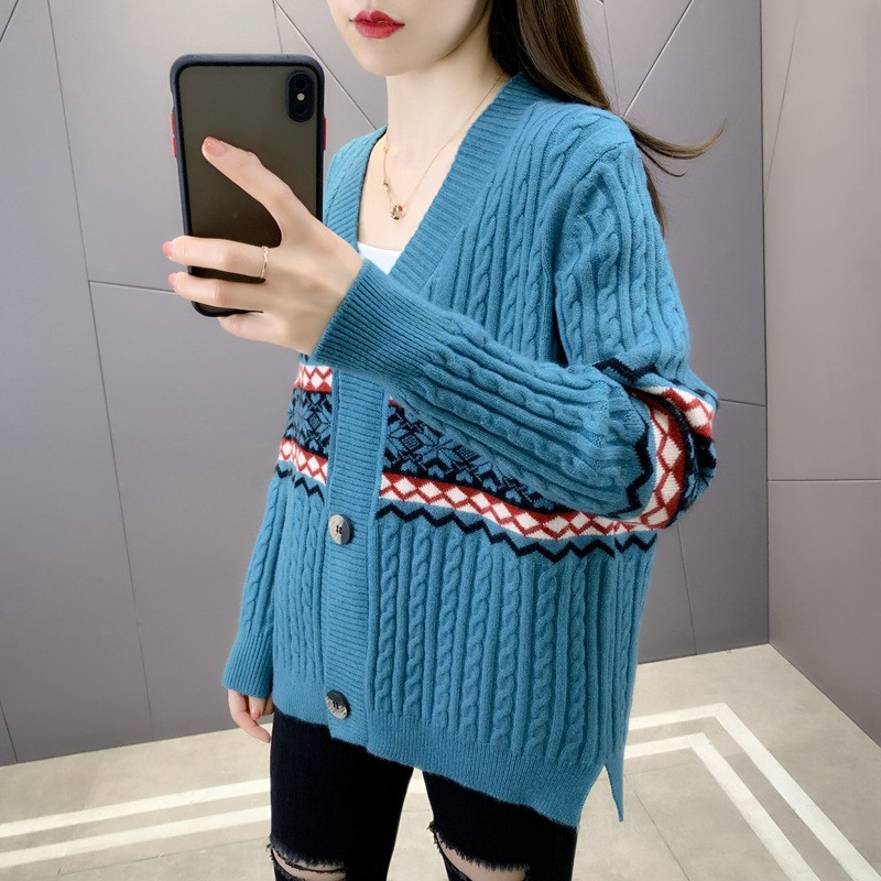 Ladies New Ethnic Retro Knitted Cardigan V-neck Loose Jacket