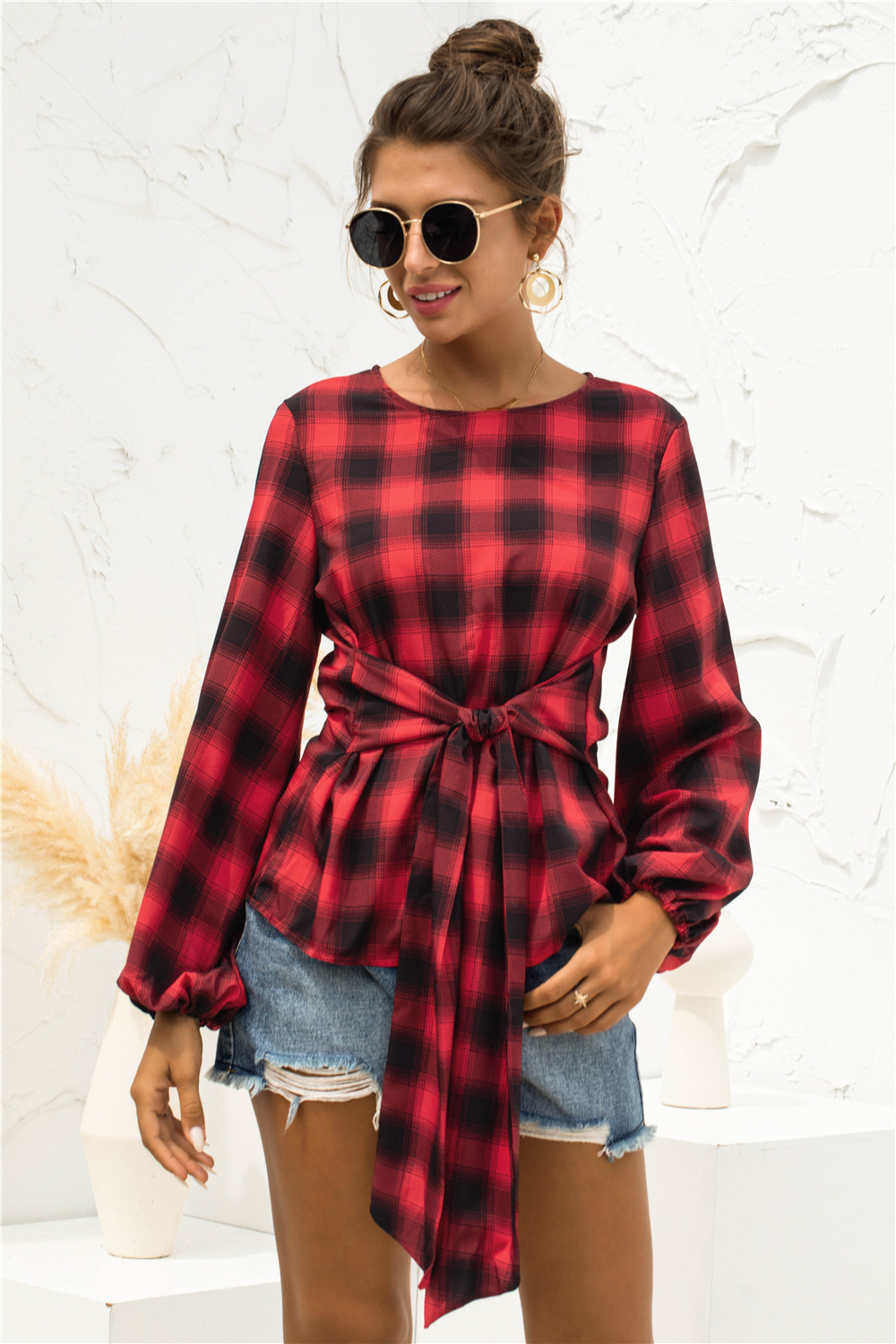 Title 2, Long Sleeved Retro Plaid Lace Up Shirt