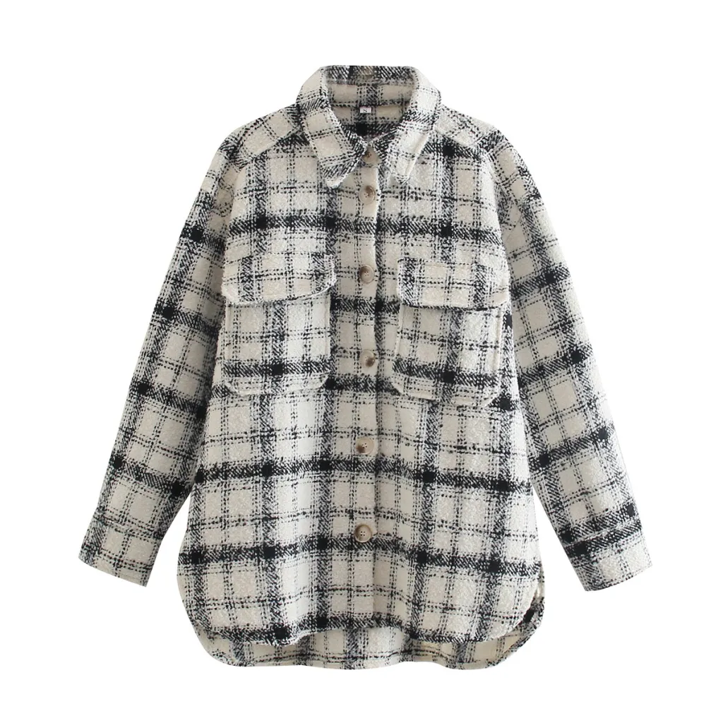 Fashion Ladies Plaid Loose Shirt Woolen Jacket - White