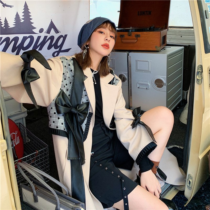 European Version Loose British Style Khaki Windbreaker Bow Fake Two Piece Splicing Long Coat