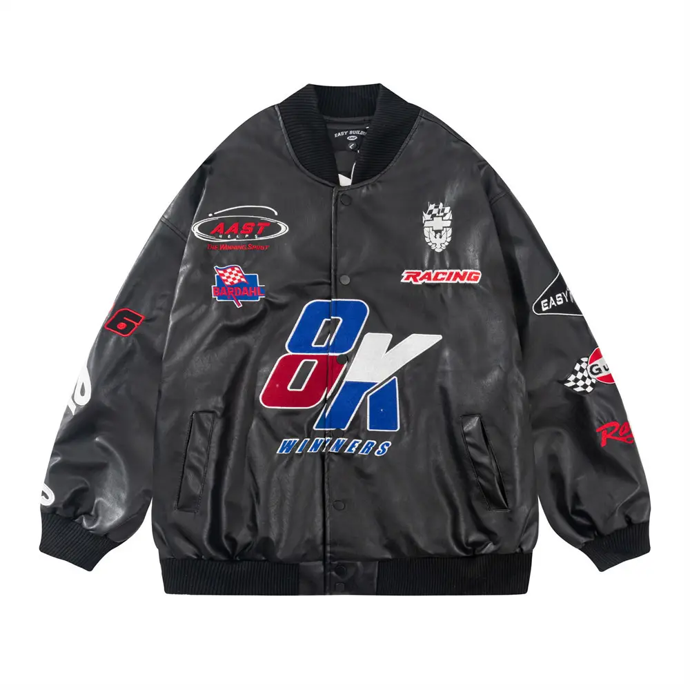 Fashion Personality Embroidered PU Leather Jacket Men's