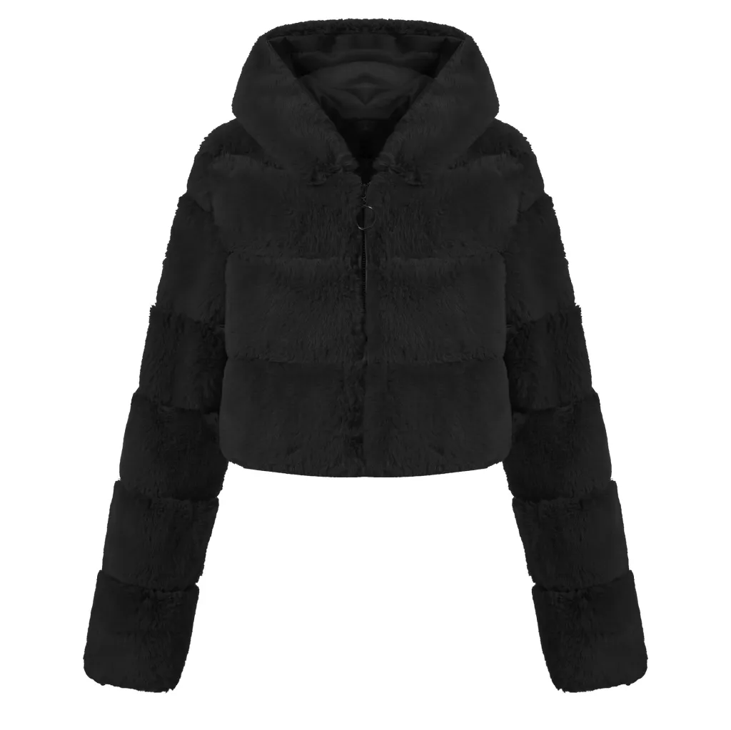 Solid Colour Faux Fur Coat Jacket Fashion - Black