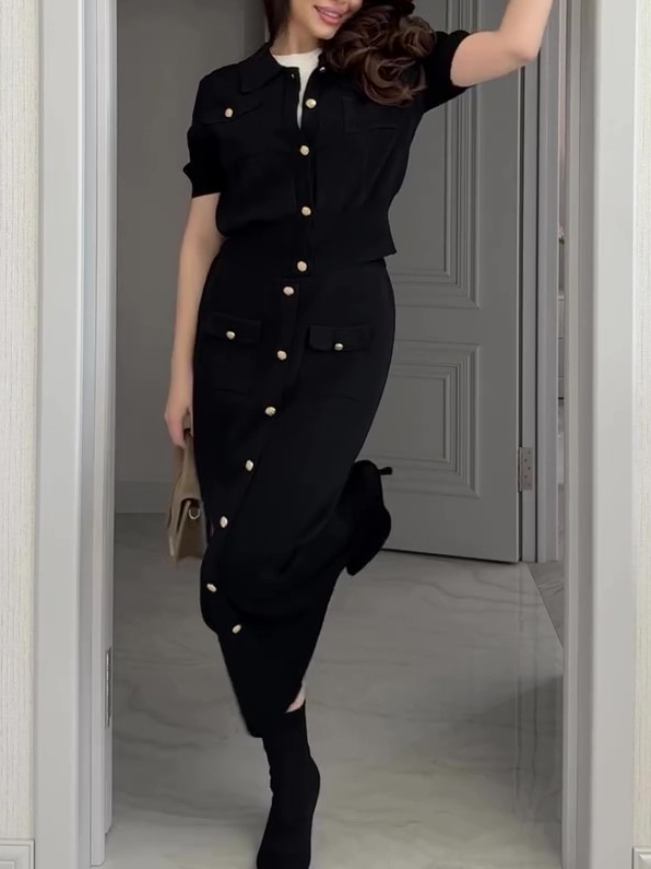 Lapel Short Sleeve Shirt & Single Button Skirt Set