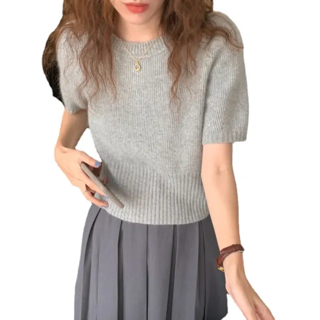 Round Neck Solid Color Bottoming Short Sleeve Knitted Sweater Waist Grey - Shop at LoveMi