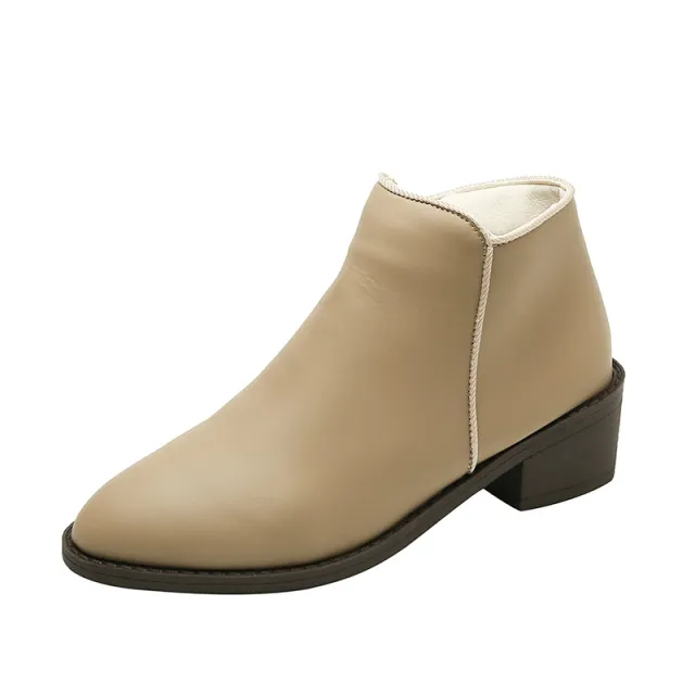 Ankle Boots Women Chunky Mid Heel Shoes Waterproof Side Zipper Boots Khaki - Shop at LoveMi