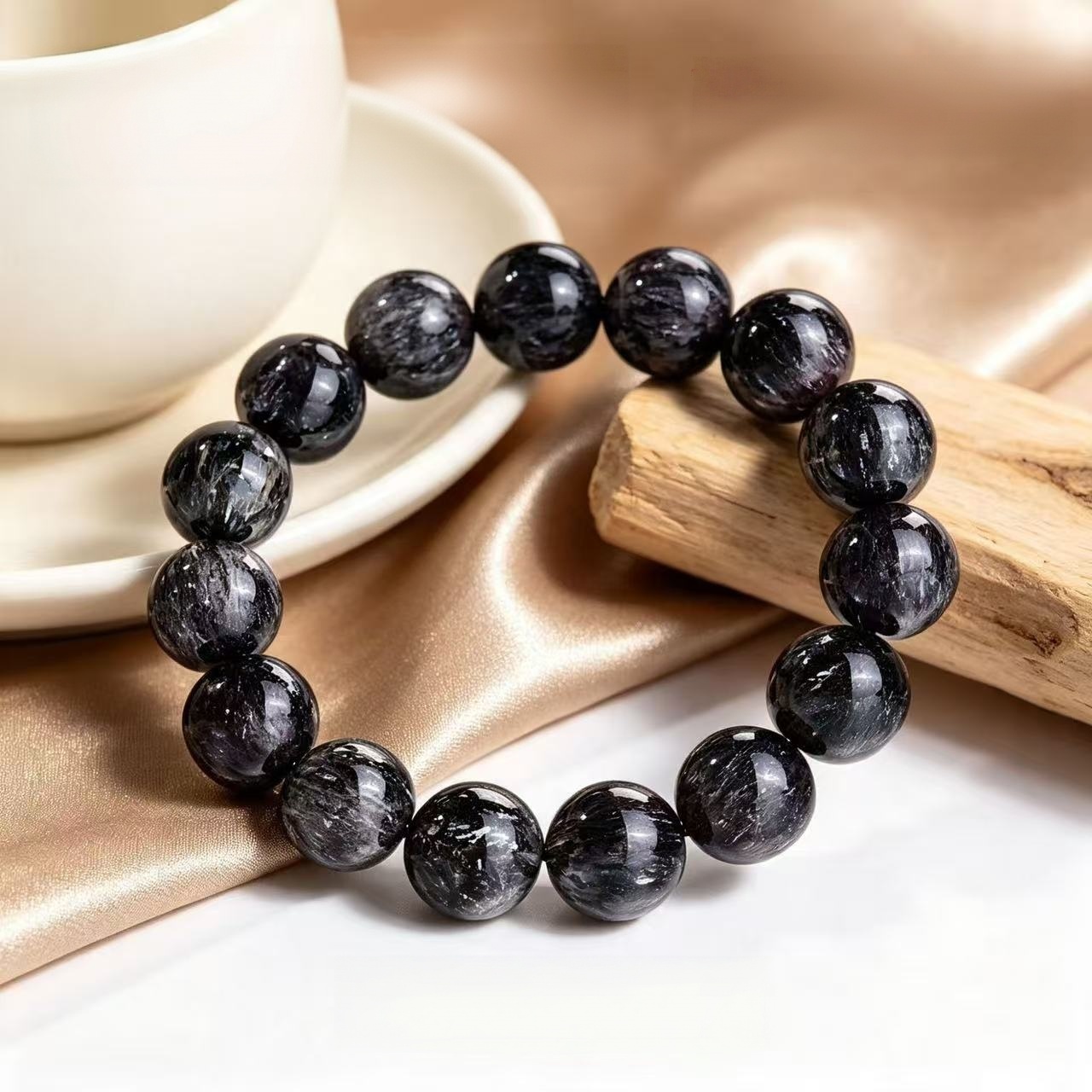 Natural Black Rutilated Quartz Bracelet Black Gold Super Seven Round Beaded Chain Unisex Protection Energy Jewelry