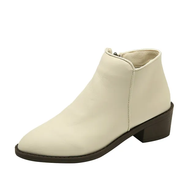 Ankle Boots Women Chunky Mid Heel Shoes Waterproof Side Zipper Boots Beige - Shop at LoveMi
