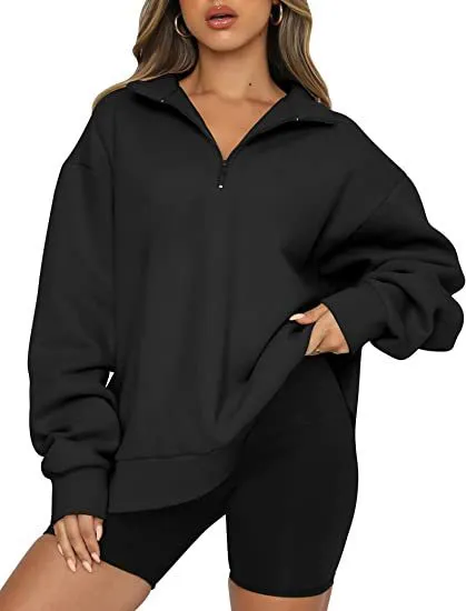 Women Sweatshirts Zip Turndown Collar Loose Casual Tops Clothes Black - Shop at LoveMi