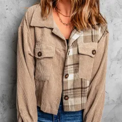 Women's Khaki Plaid Stitching Corduroy Cropped Jacket - Khaki - View 1