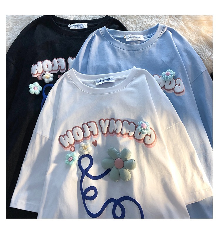 Women's Floral Letter Foam Print Short Sleeve T-shirt