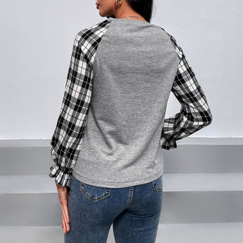 Long Sleeve Check Pattern Stitching Round Neck Pullover T-shirt