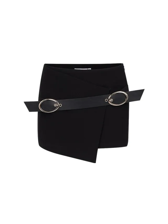 Oblique Irregular Double Belt Buckle Sexy Bag Butt Fried Street Short Skirt Black - Shop at LoveMi