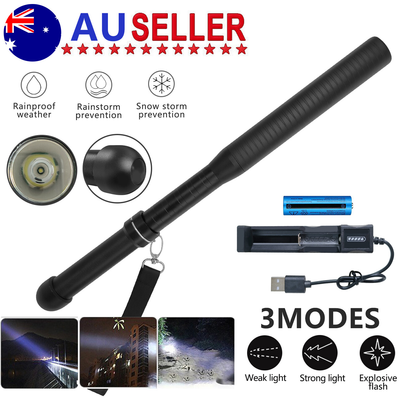 Baseball LED Flashlight Rechargeable Torch Spotlight Emergency Security Work Light 3 Lighting Modes