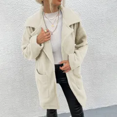 Double-faced Fleece Large Slot Pocket Mid-length Coat - Beige - View 1