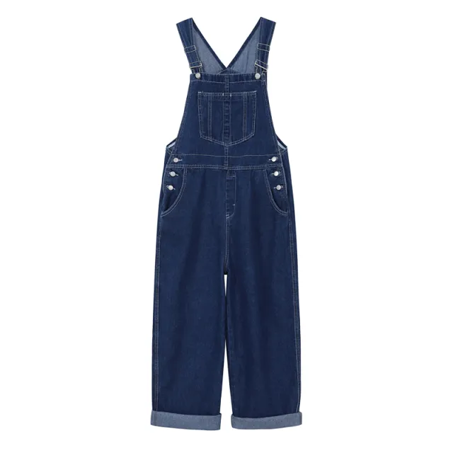Denim Overalls Women Spring And Autumn Korean Style Loose Design Straight leg Jumpsuit Blue - Shop at LoveMi