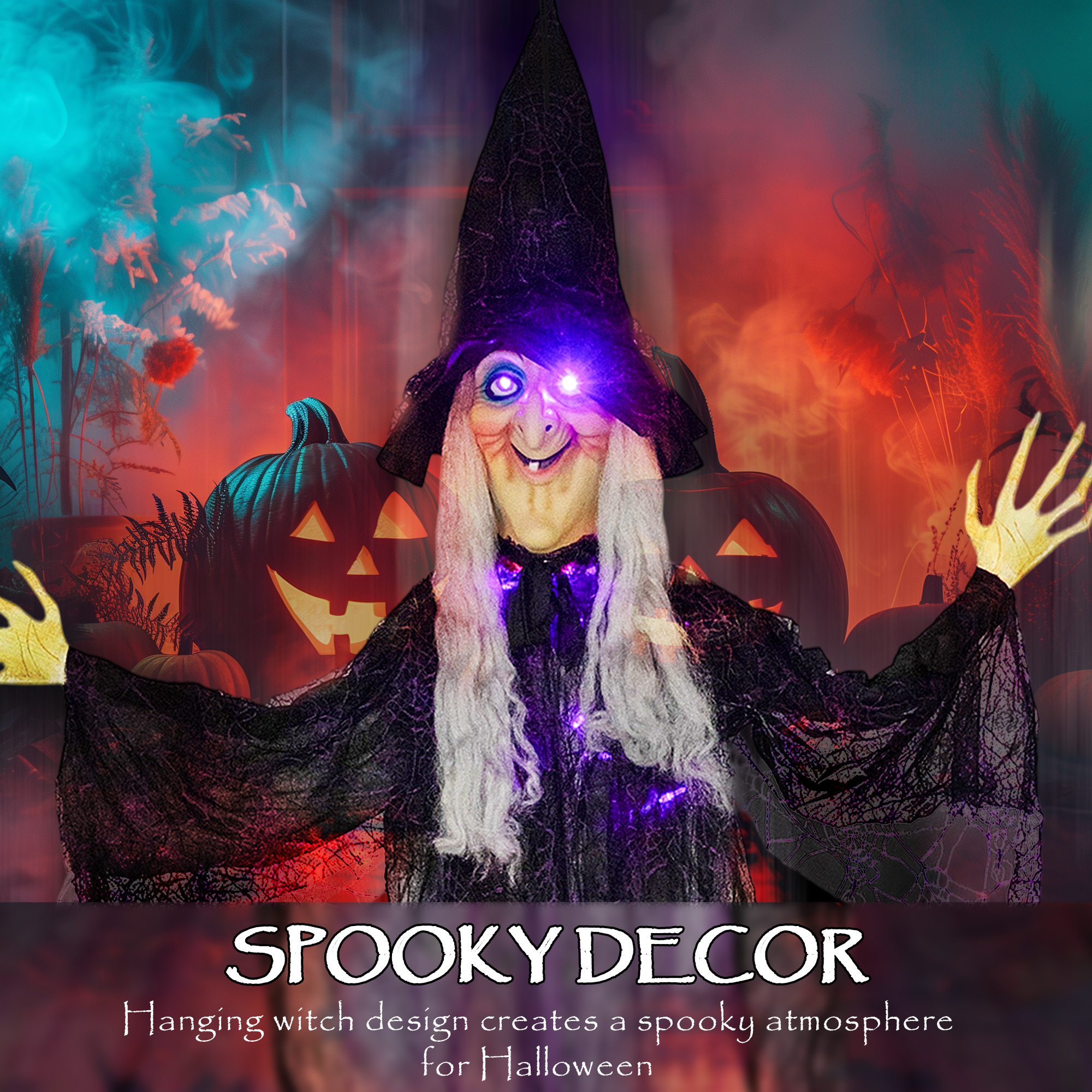183 Cm Life Size Halloween Animated Hanging Witch With Glowing LED Eyes & Body — image 4